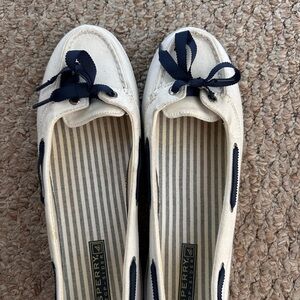 Sperry Cream Canvas Boat Shoes with Navy Ribbon